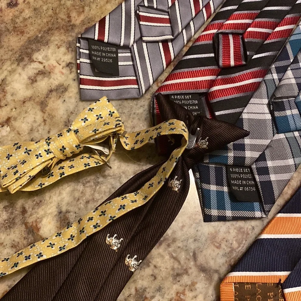 Lot/bundle different size clip ties, bow tie, and one snap tie